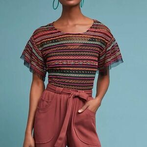 Maeve Women's XXS Naples Embroidered Mesh Blouse Multicolor Ruffle Sleeve